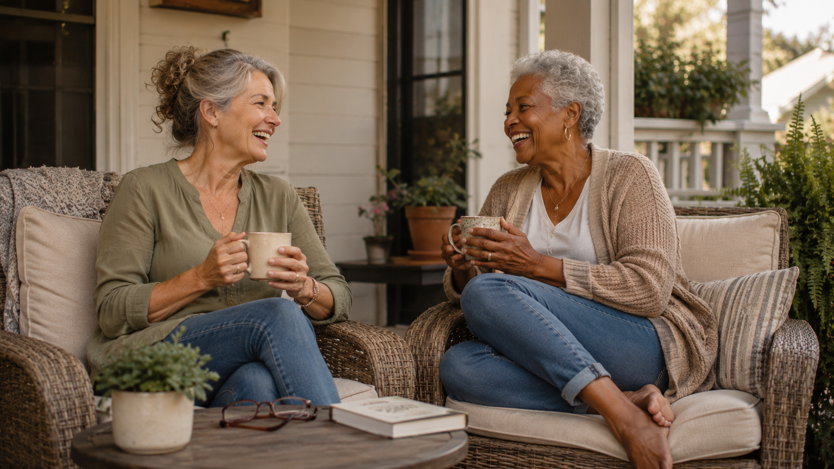 Two women over 55 laughing together on a porch, holding warm drinks in comfortable conversation
