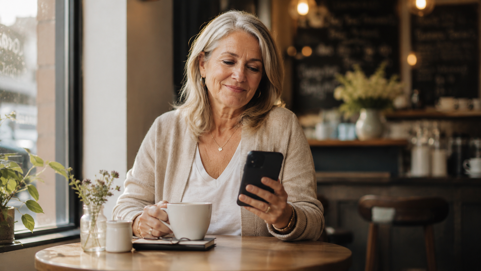 Woman over 50 at a café glancing at her phone with a self-aware half-smile