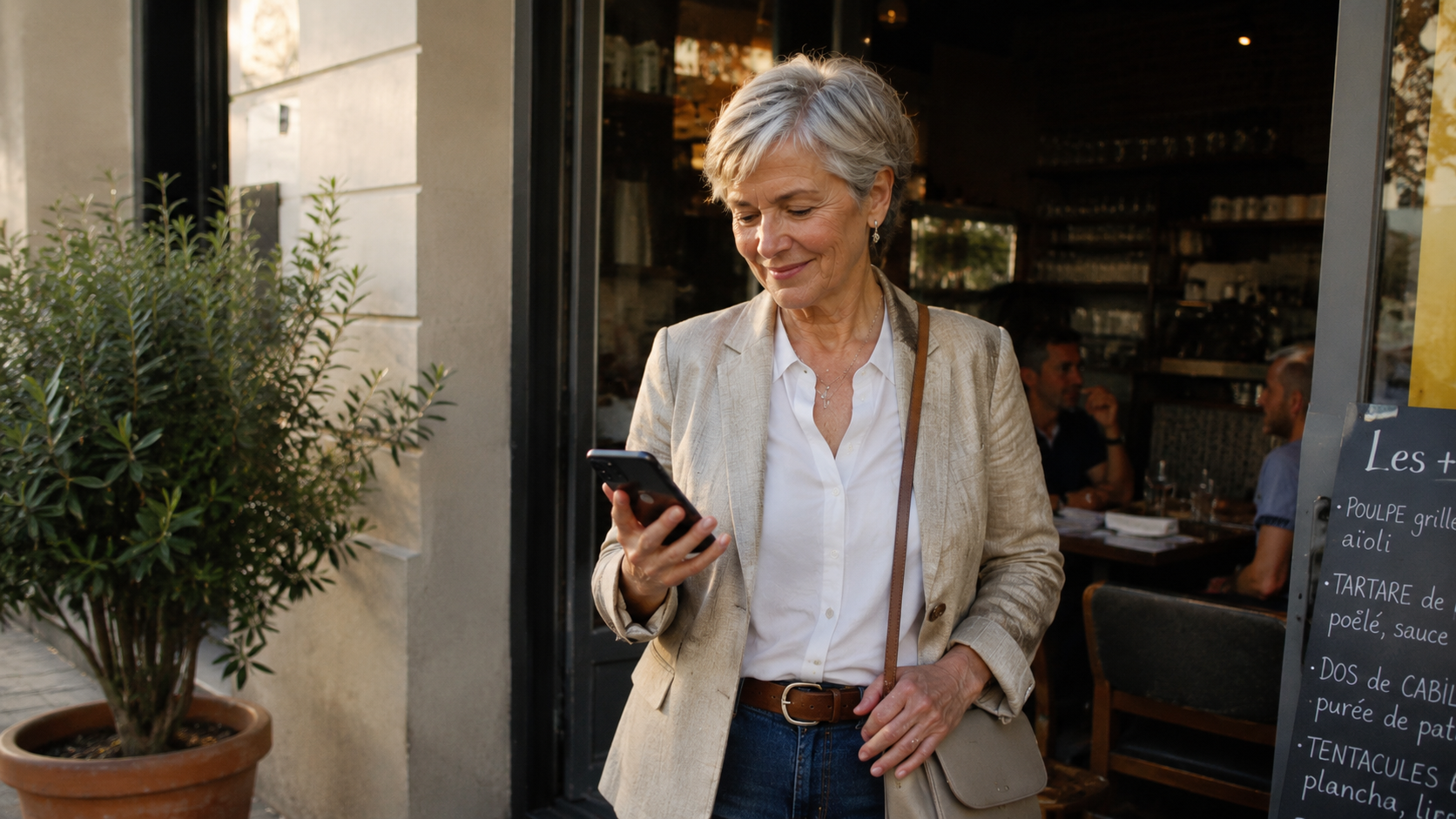 Confident woman over 50 checking her phone outside a café, arriving for a first date