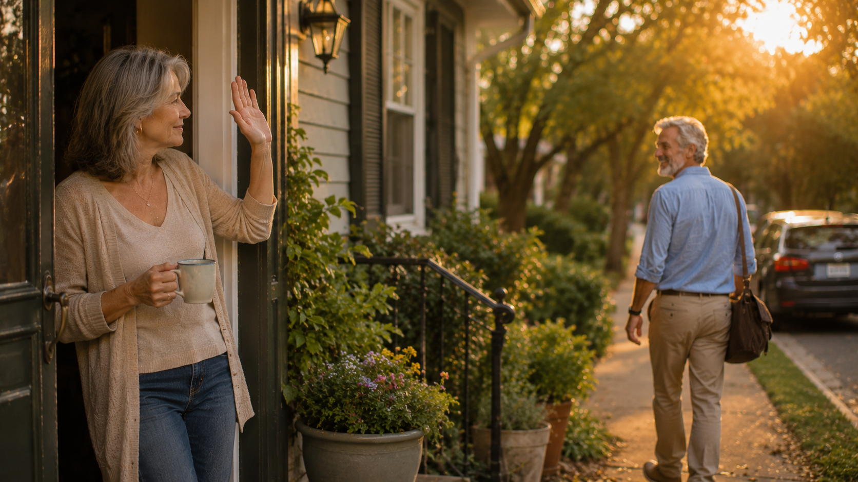 Woman over 55 waving goodbye from her doorway with a mug in hand as her partner walks toward his car in golden evening light