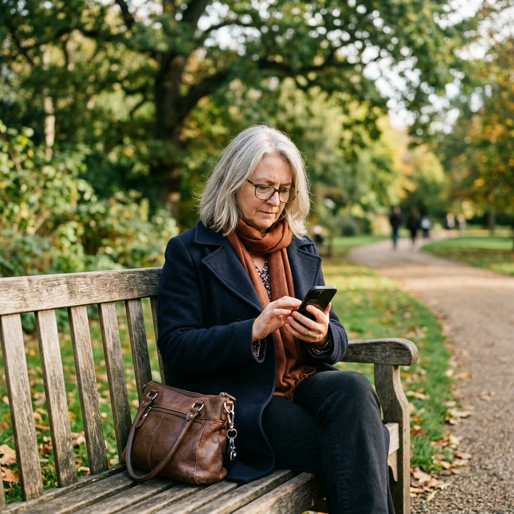 Adult over 50 reviewing messages on a phone while seated on a park bench