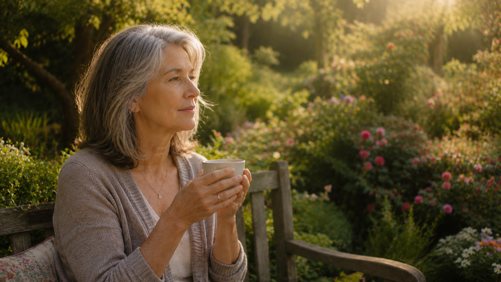 Woman over 55 sitting on a garden bench in morning light, holding tea, gazing toward a blooming garden with quiet contemplation